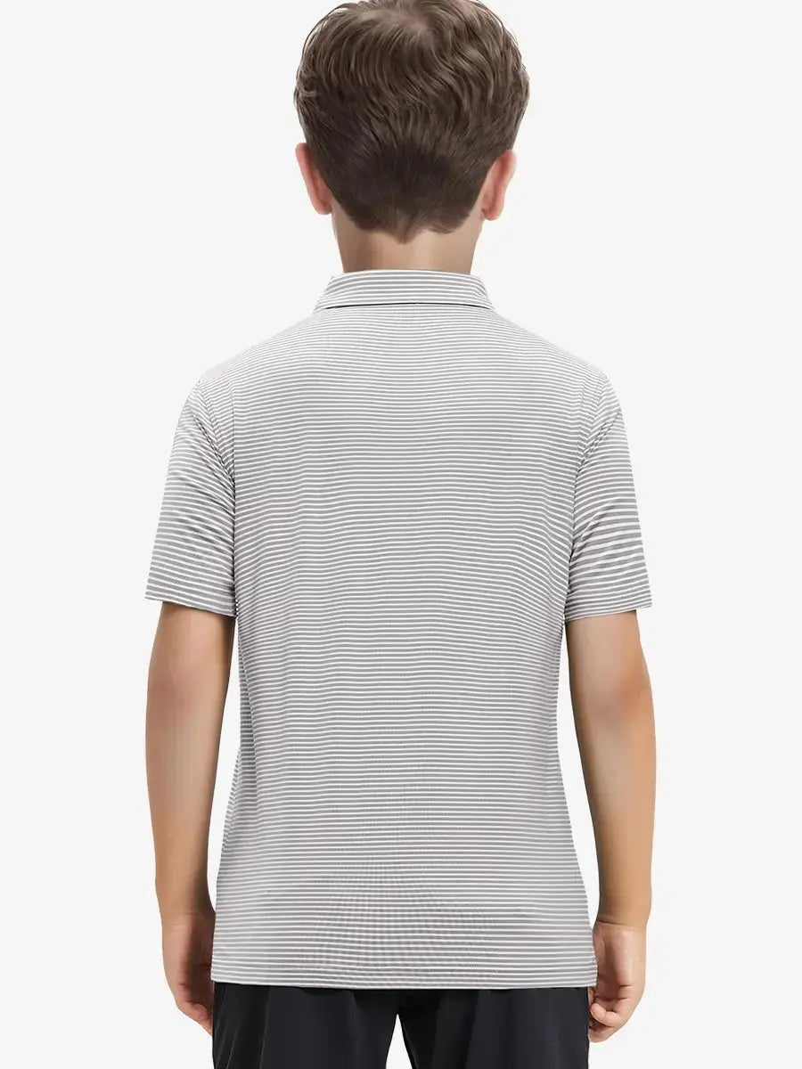 Back view of Youth Cooling Polo – half-body model in Grey White Stripe