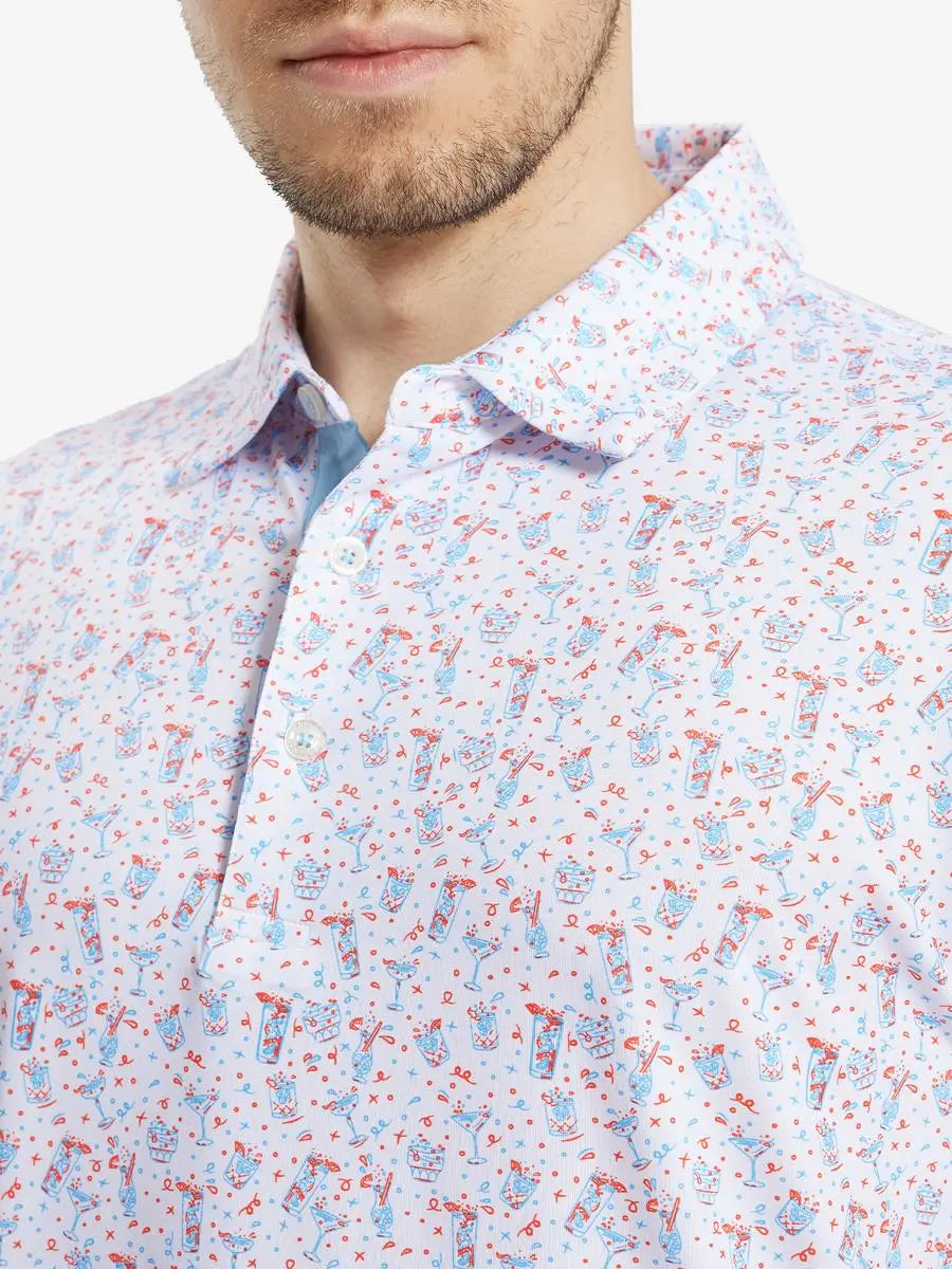 MAELREG Men's Performance Jersey Print Polo – Front chest view in Beverage Glass