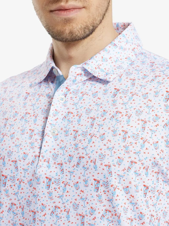 MAELREG Men's Performance Jersey Print Polo – Front chest view in Beverage Glass