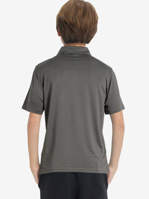 Back half-body view of youth wearing black stripe performance cooling polo, showing rear design