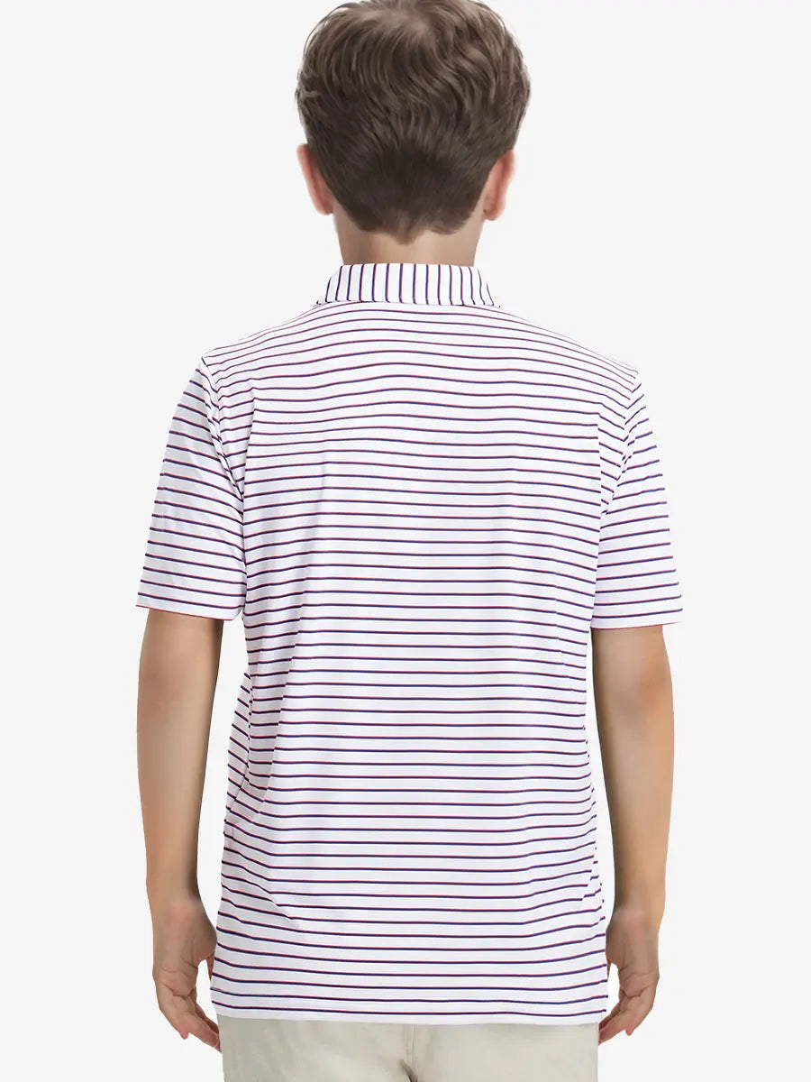 Back half-body view of model wearing WHITE/NAVY STRIPE Youth Performance Golf Polo.