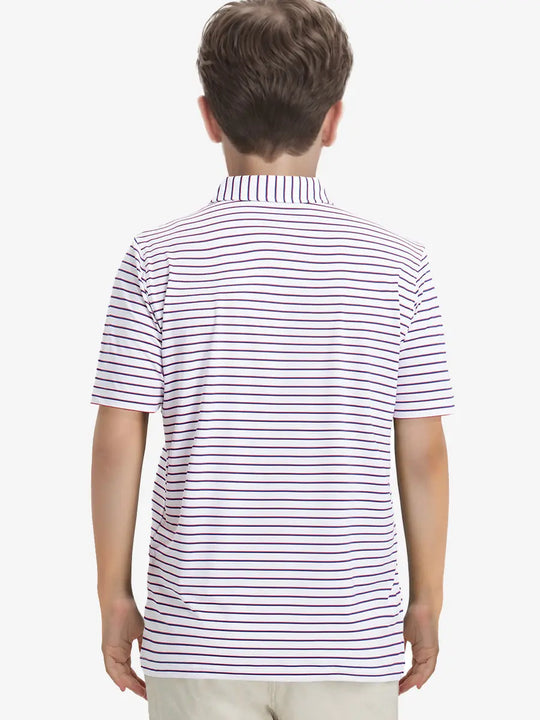 Back half-body view of model wearing WHITE/NAVY STRIPE Youth Performance Golf Polo.