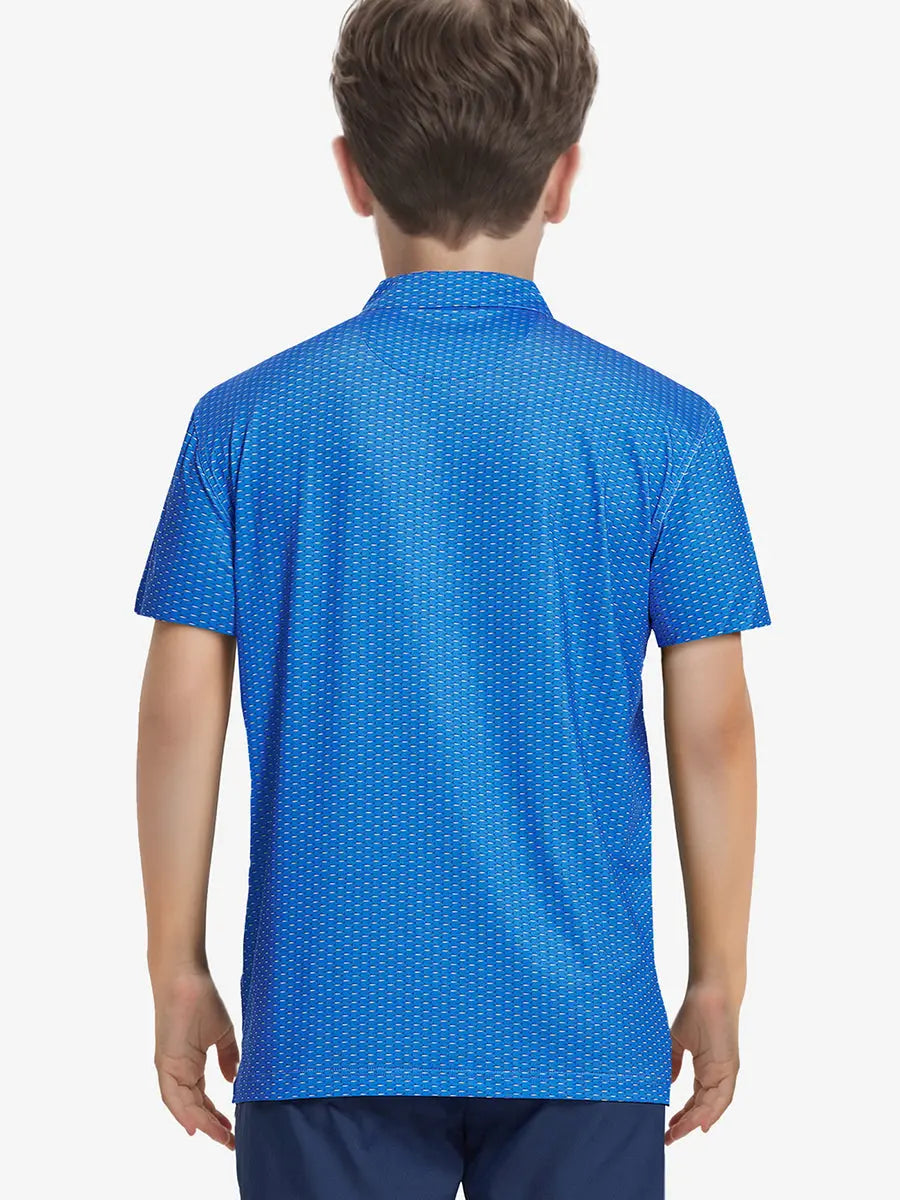 Rear half-body view of boy in BLUE SWORDFISH polo standing on the fairway