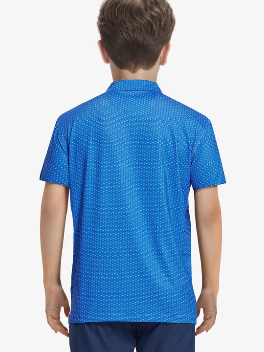 Rear half-body view of boy in BLUE SWORDFISH polo standing on the fairway