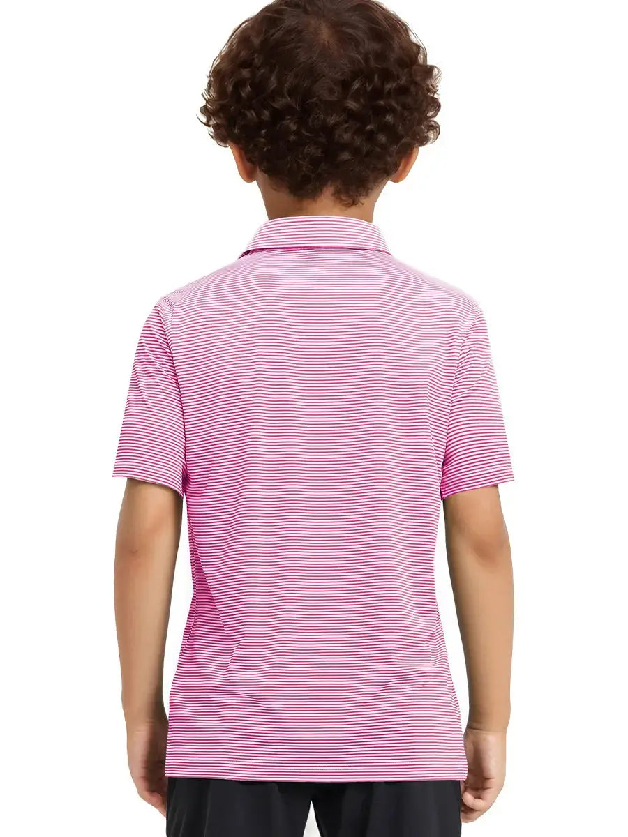 Back view of Youth Cooling Polo – half-body model in Rose Stripe