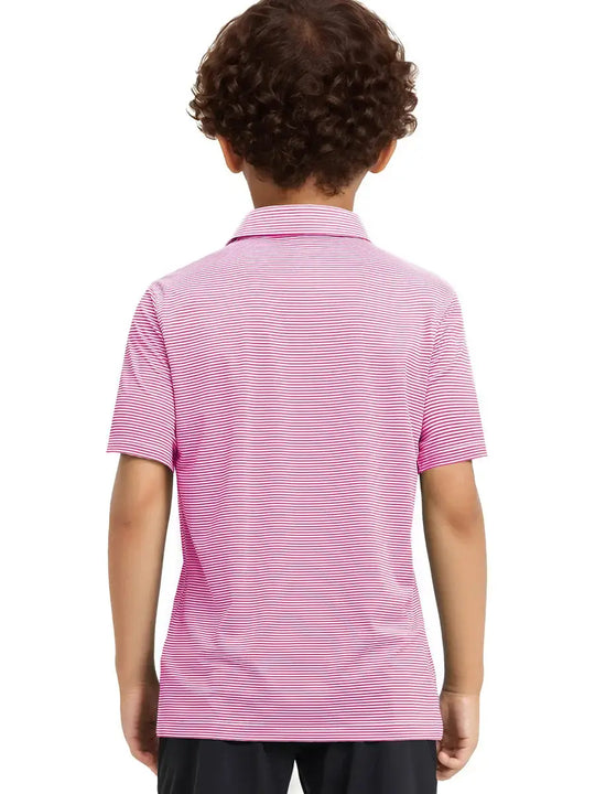 Back view of Youth Cooling Polo – half-body model in Rose Stripe