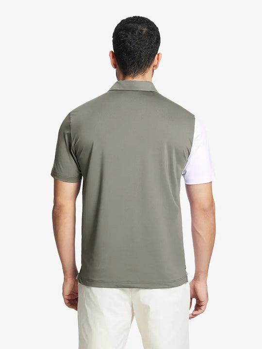 Back half-body view of model in DARK KHAKI Moisture Wicking Color Block Polo Shirt.
