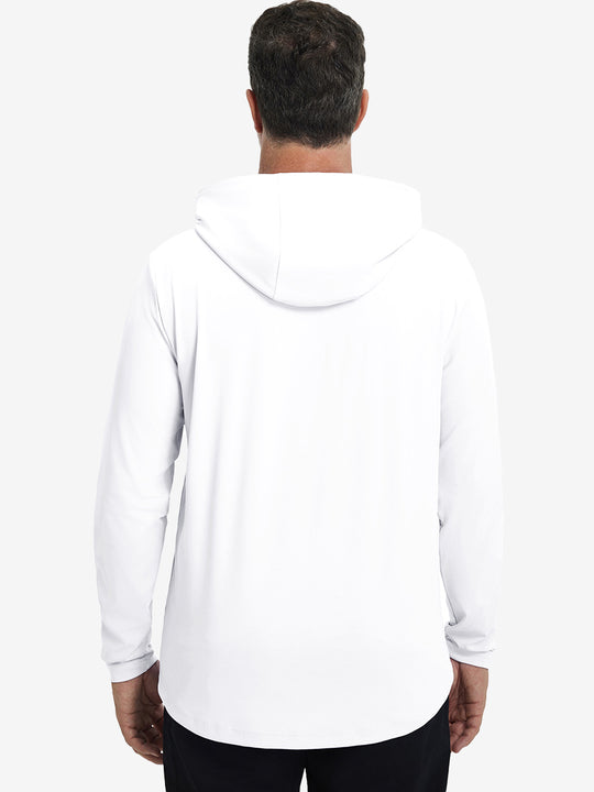 Back upper body view of the dry fit stretchy hoodie in white, simple cut and relaxed posture.