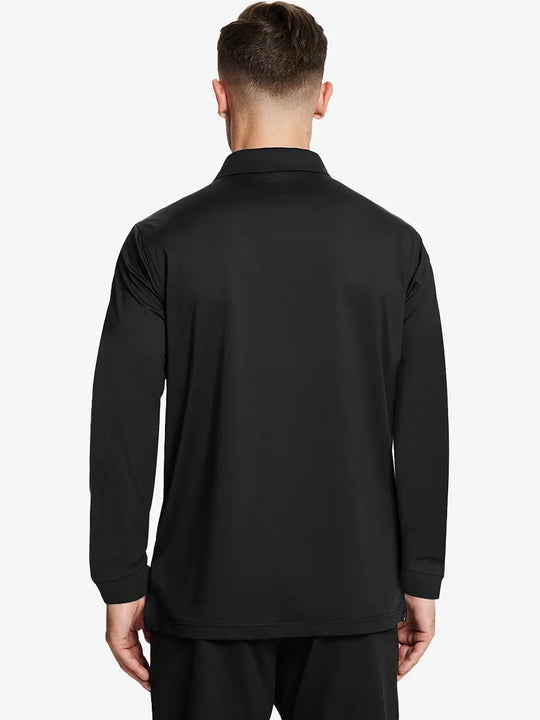 Back half-body view of model wearing BLACK Long Sleeve Solid Jersey Polo