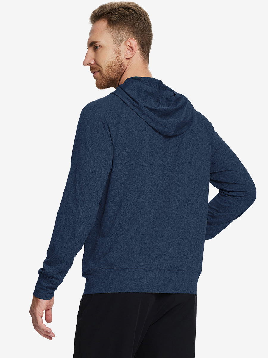 Back angle of the Cobalt Heather Quarter Zip Hoodie, model turns head slightly for a relaxed look.