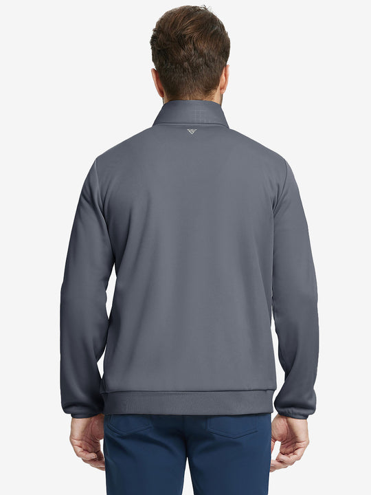 Back upper body view of the Golf Fleece Thermal Jacket in dark grey, clean cut and warm look.