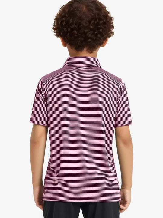 Back view of Youth Cooling Polo – half-body model in Pink Blue Stripe