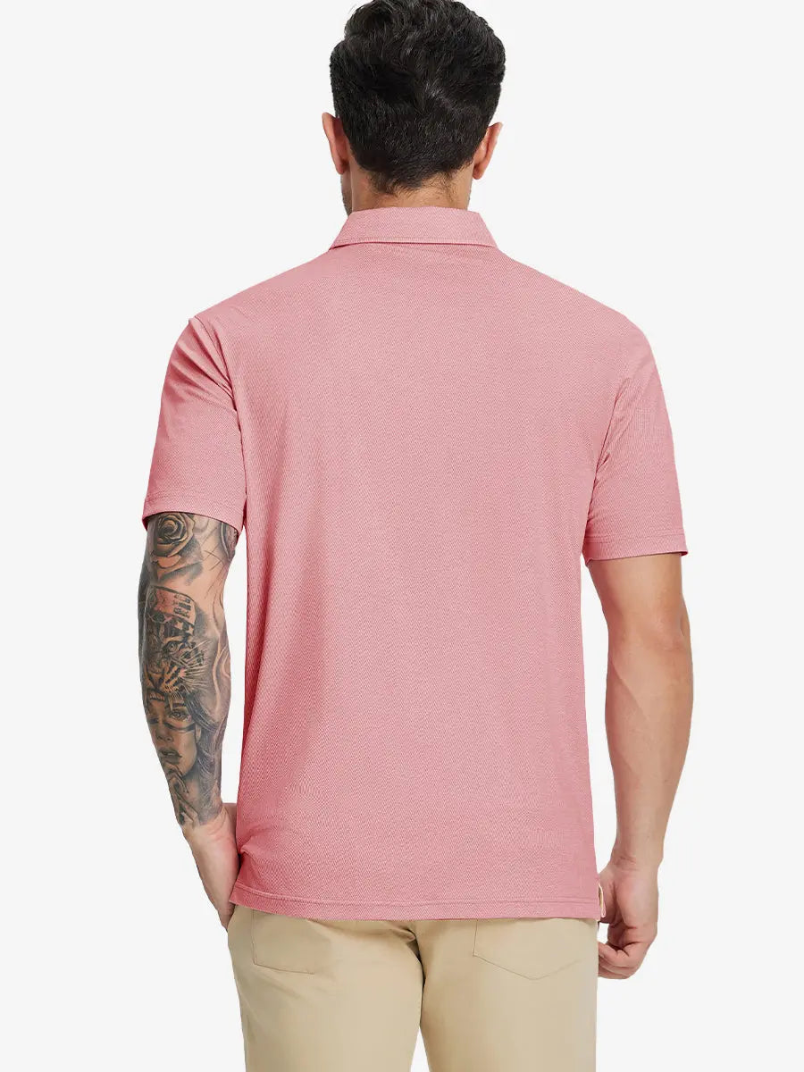Back half-body view of model in PINK HEATHER Premium Stretch Heather Polo.