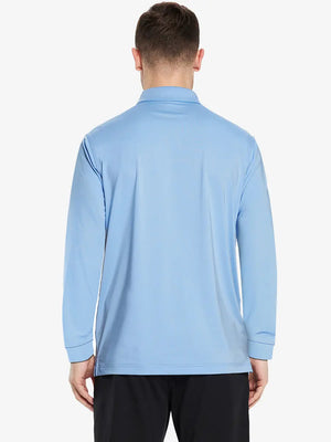 Back half-body view of model wearing LIGHT BLUE Long Sleeve Solid Jersey Polo