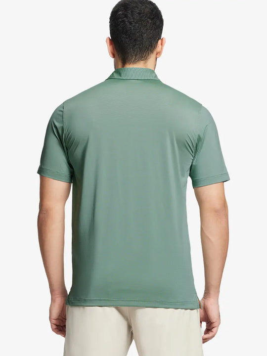 Back half-body view of YELLOW STRIPE Pinstripe Jersey Performance Polo worn by model								
