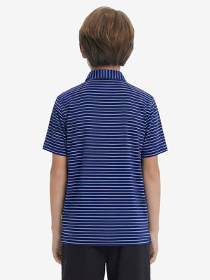 Back upper body view of youth performance golf polos, showing shape and smooth navy/sky blue stripe finish