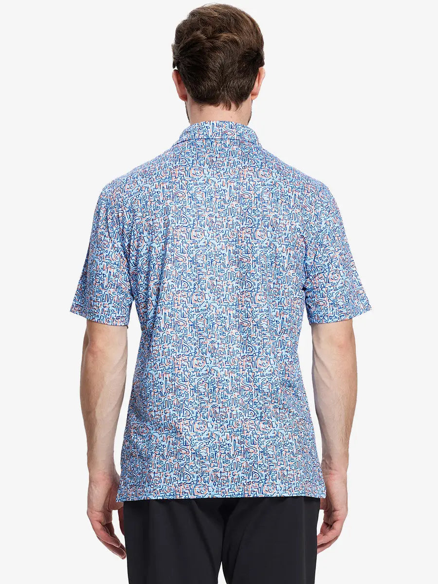 Back view of the model wearing the blue doodles pattern polo, emphasizing its sporty and artistic design.