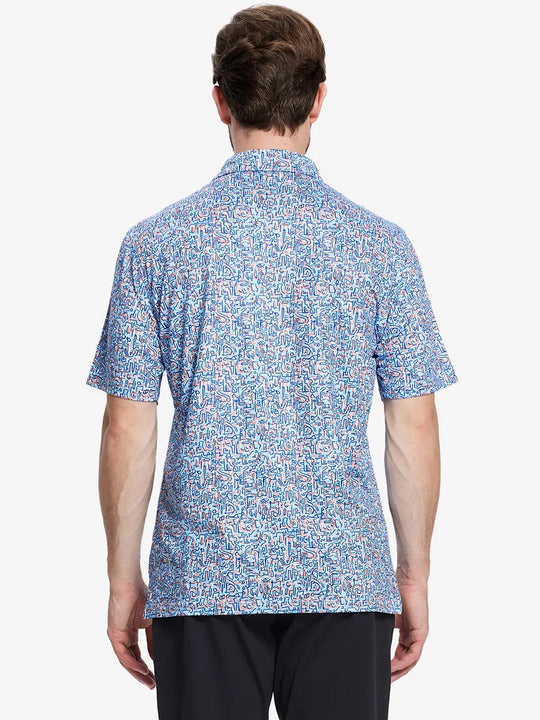 Back view of the model wearing the blue doodles pattern polo, emphasizing its sporty and artistic design.
