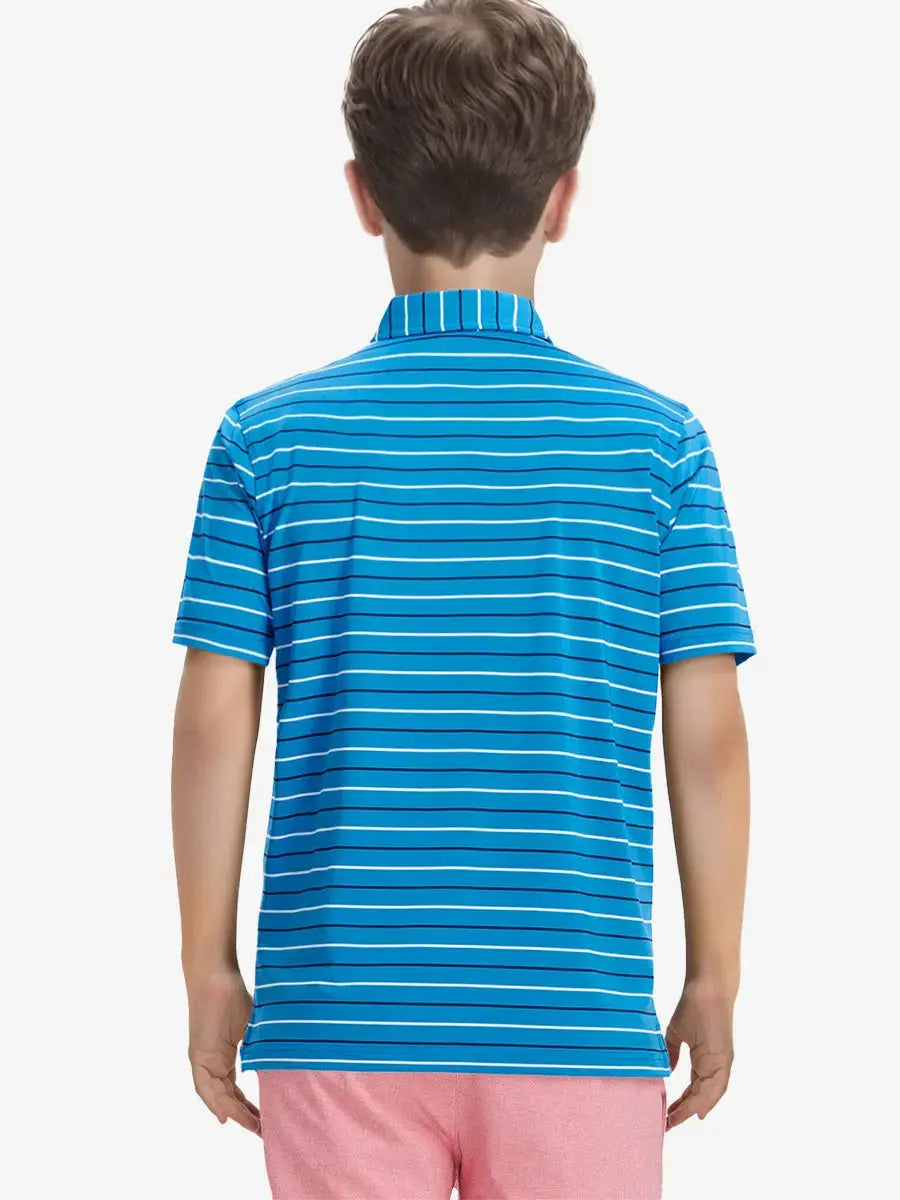 Back half-body view of child wearing CLASSIC BLUE STRIPE Kids Stylish Stripe Polo Shirt.