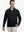 Front upper body view of model wearing lightweight golf quarter zip pullover in black, relaxed fit.