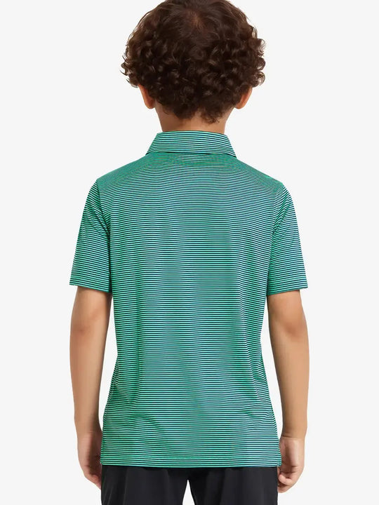 Back view of Youth Cooling Polo – half-body model in Green Stripe