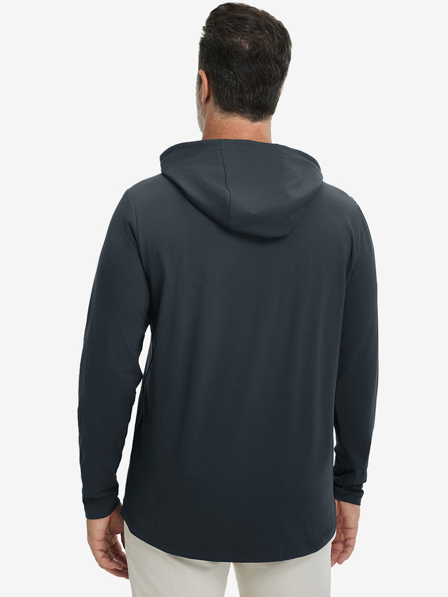 Back upper body view of the dry fit stretchy hoodie in dark grey, simple cut and relaxed posture.