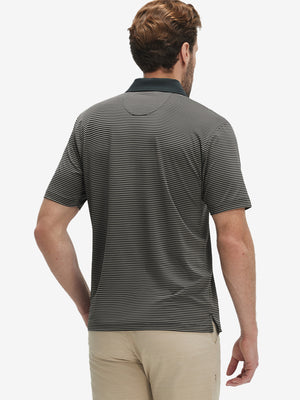 Back half-body of model in black stripe upgraded two-tone striped quick dry polo shirt