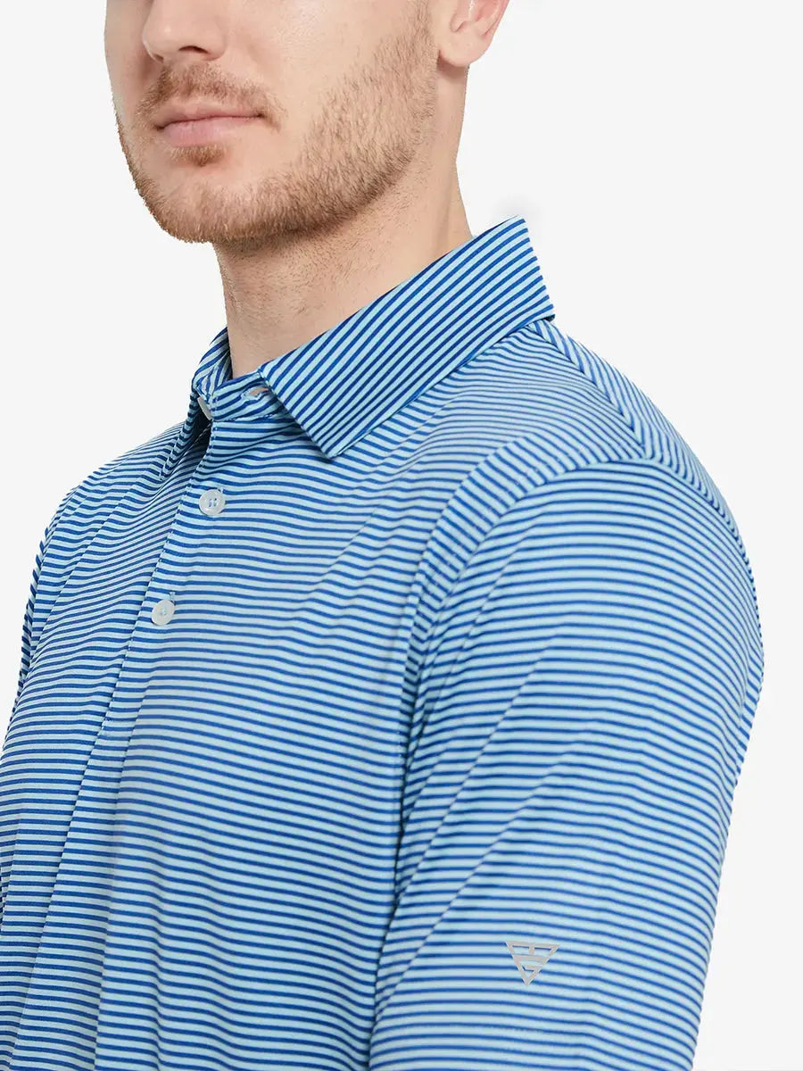 Model in AQUA STRIPE shirt, front view from nose to chest, subtle aqua lines for a fresh golf look