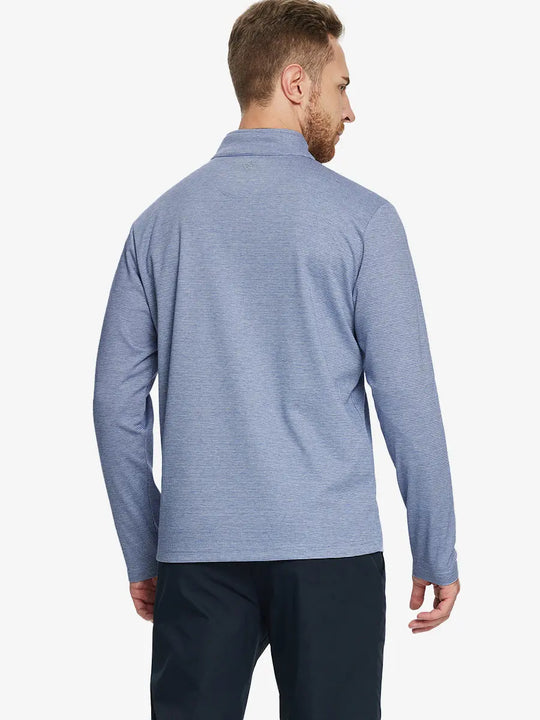 Back half-body view of model in BLUE HOUNDSTOOTH Premium Jacquard Quarter Zip Pullover.								
