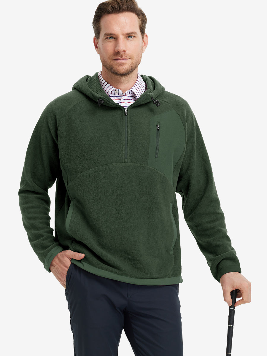 Model holding a golf club, dressed in Olive Green Quarter Zip Polar Fleece Sweatshirt, sporty fit.