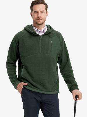 Model holding a golf club, dressed in Olive Green Quarter Zip Polar Fleece Sweatshirt, sporty fit.