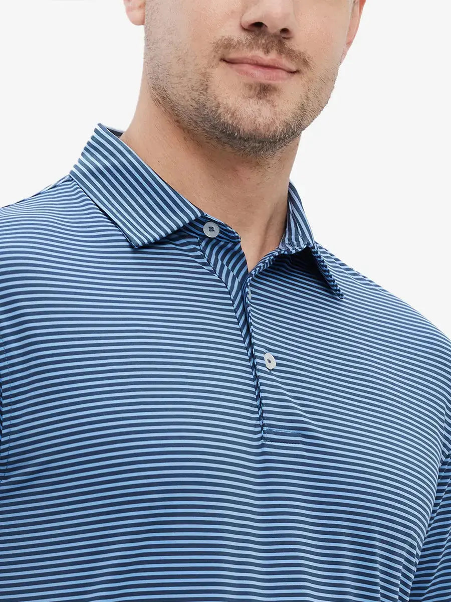 Model wearing BLUE DENIM STRIPE polo, front view from nose to chest, casual and cool for summer rounds