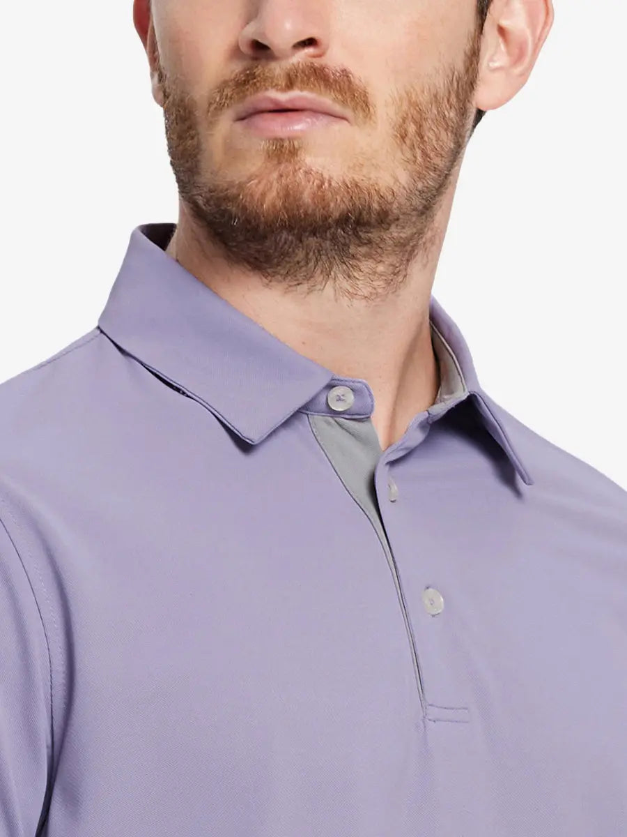 Model front close-up from nose to chest wearing LAVENDER Ventilated Pique Performance Polo