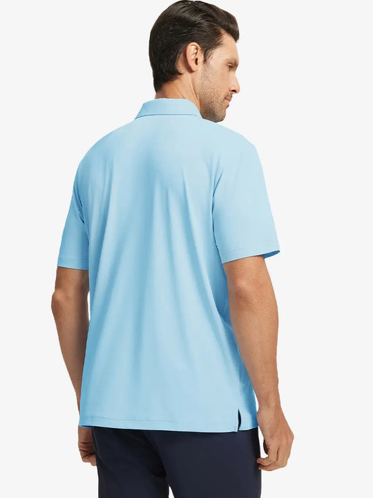 Back half-body view of model in LIGHT BLUE Stylish Chest Print Snap Polo