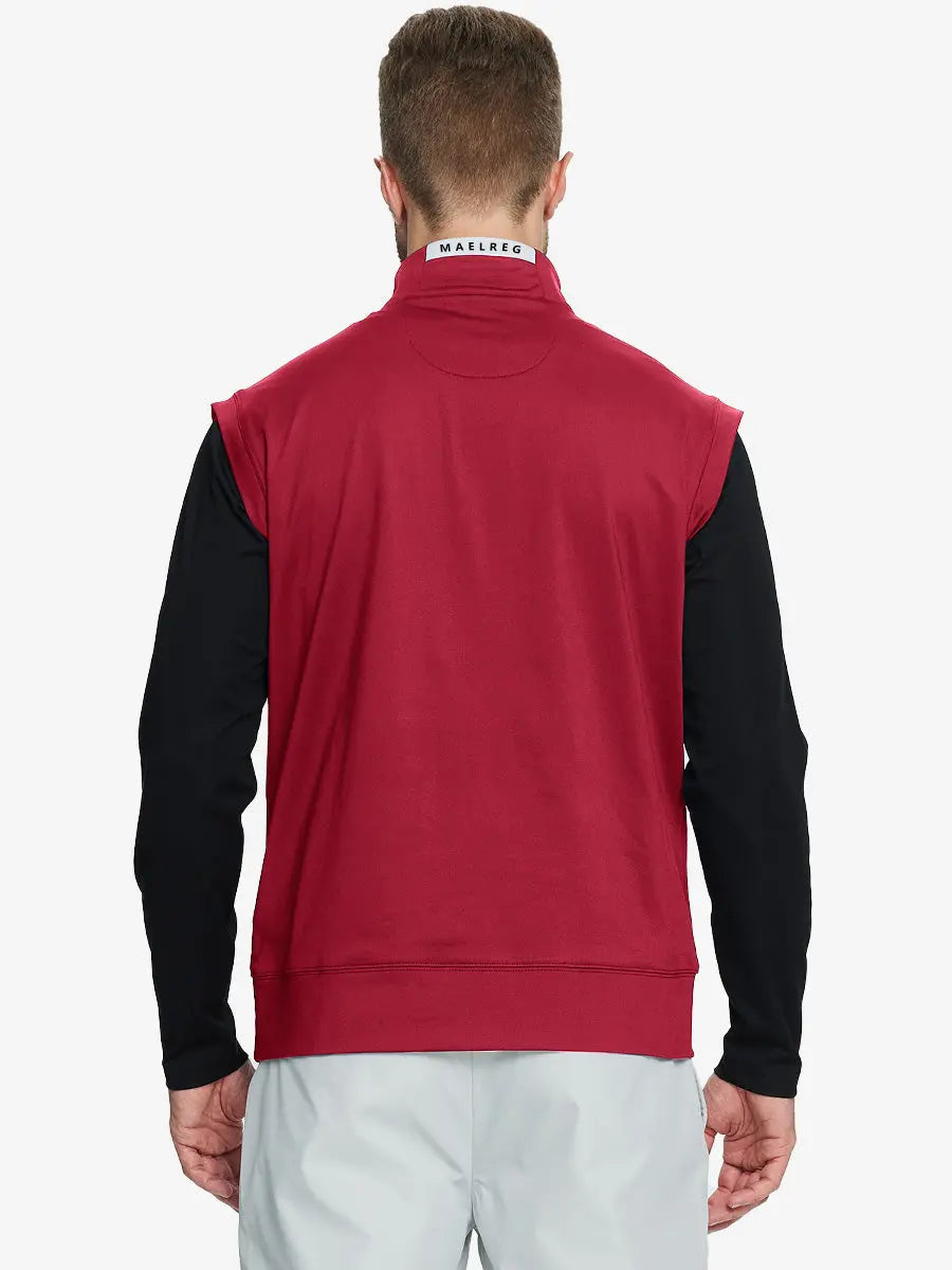 Back half-body view of model in RED Stretch Solid Fleece Quarter-Zip Vest.								
