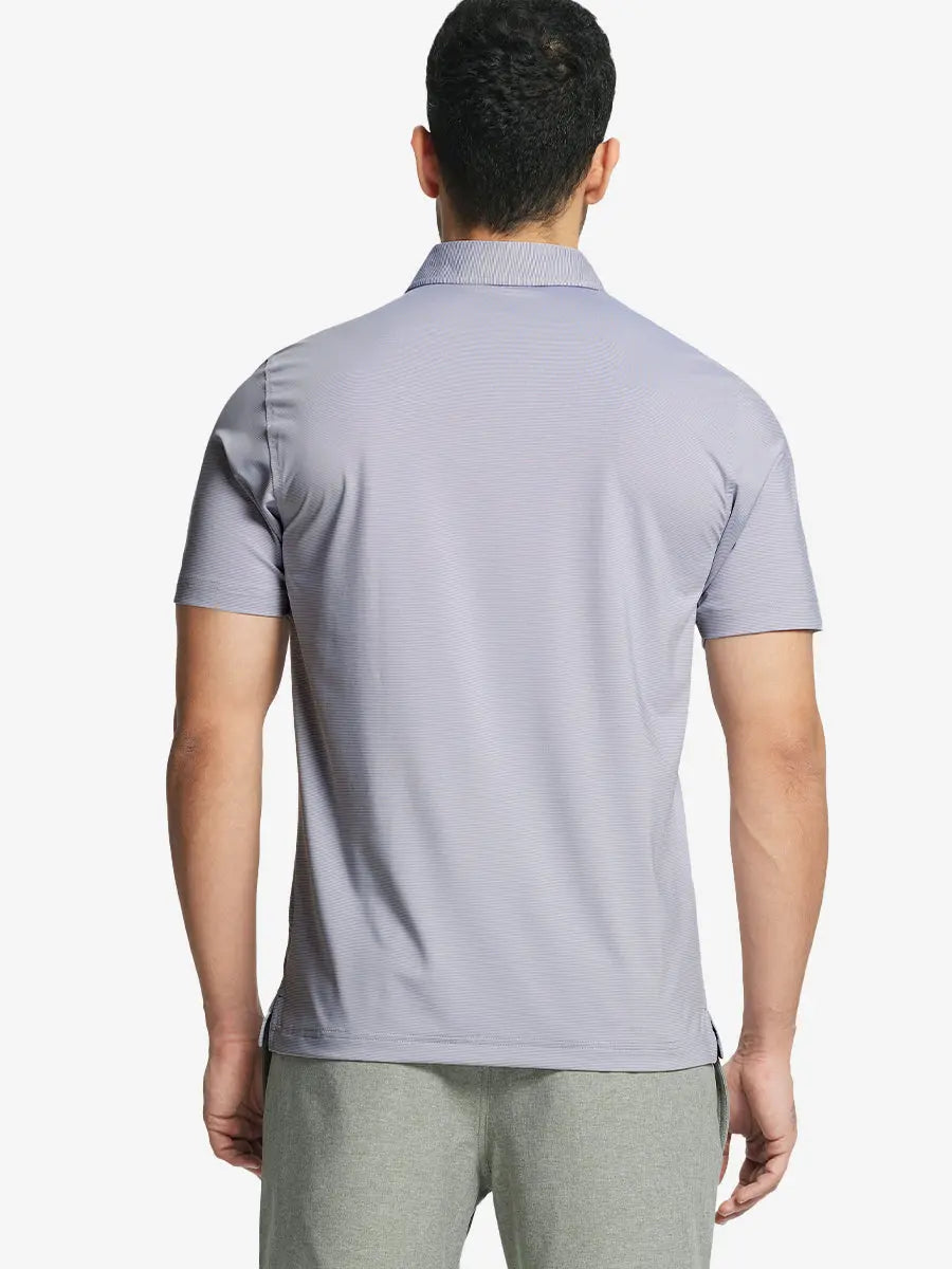 Back half-body view of GREY WHITE STRIPE Pinstripe Jersey Performance Polo worn by model								
