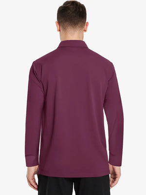 Back view of the bordeaux red long sleeve pique polo, highlighting its elegant design and modern fit.