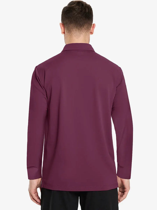Back view of the bordeaux red long sleeve pique polo, highlighting its elegant design and modern fit.