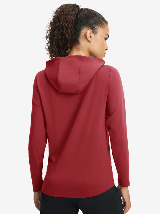 Back upper view of model in women's lightweight hoodies pullover, showing relaxed fit in red.