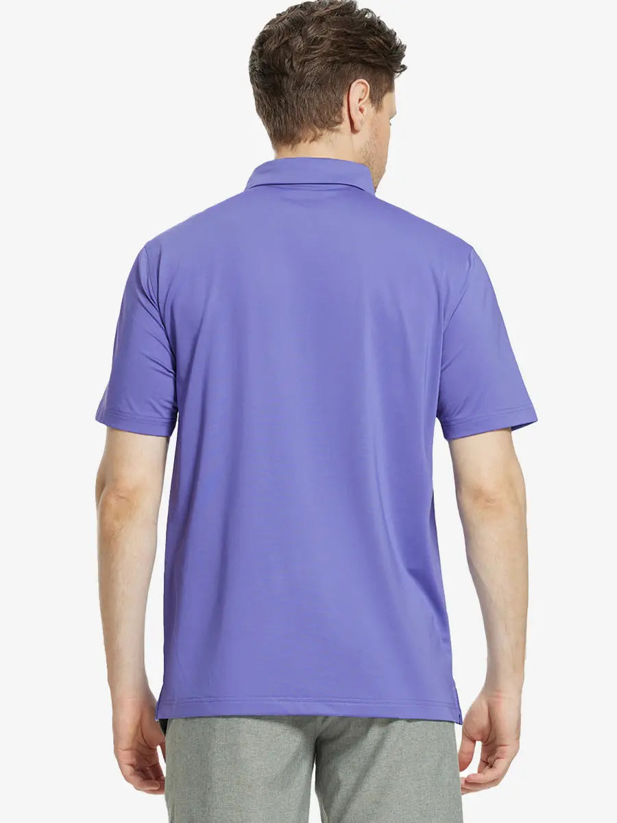 Back half-body view of male model wearing the Bluish Violet Everyday Classic Solid Polo