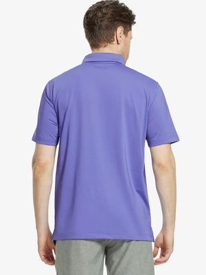 Back half-body view of male model wearing the Bluish Violet Everyday Classic Solid Polo