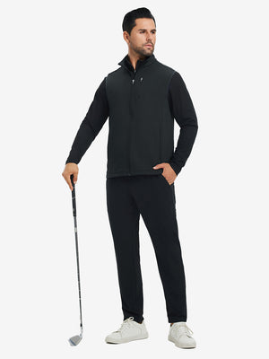 Lifestyle shots of water-resistant fleece golf vests in black, worn while holding golf clubs