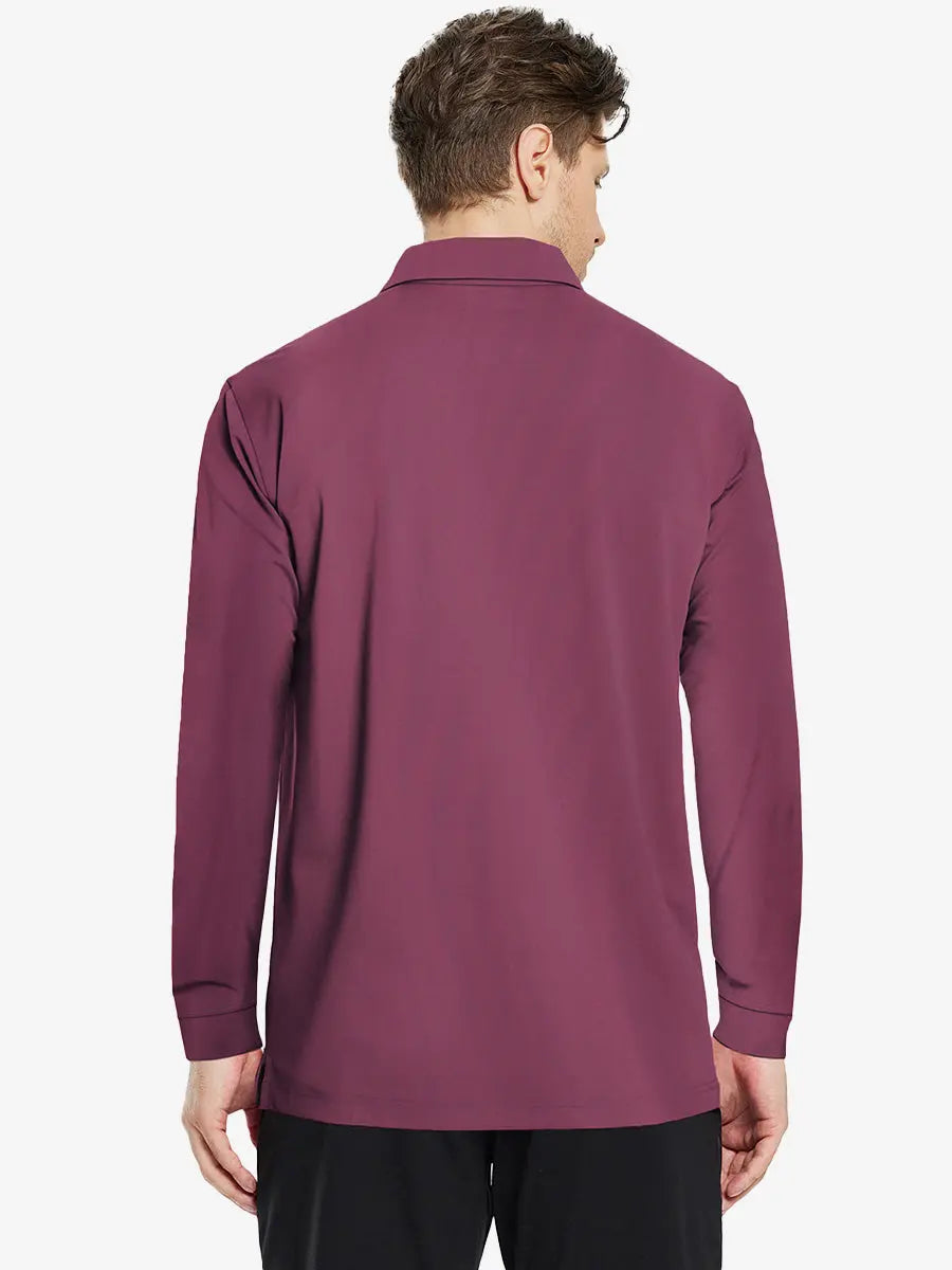 Back half-body view of model wearing BORDEAUX RED Long Sleeve Solid Jersey Polo
