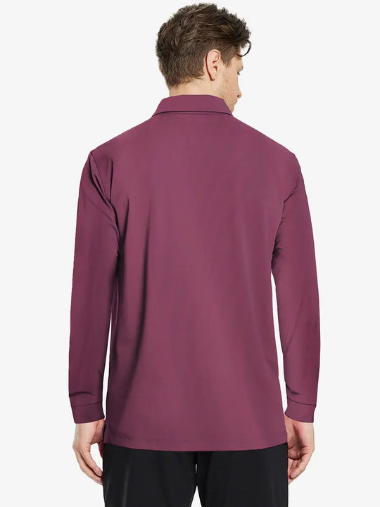Back half-body view of model wearing BORDEAUX RED Long Sleeve Solid Jersey Polo