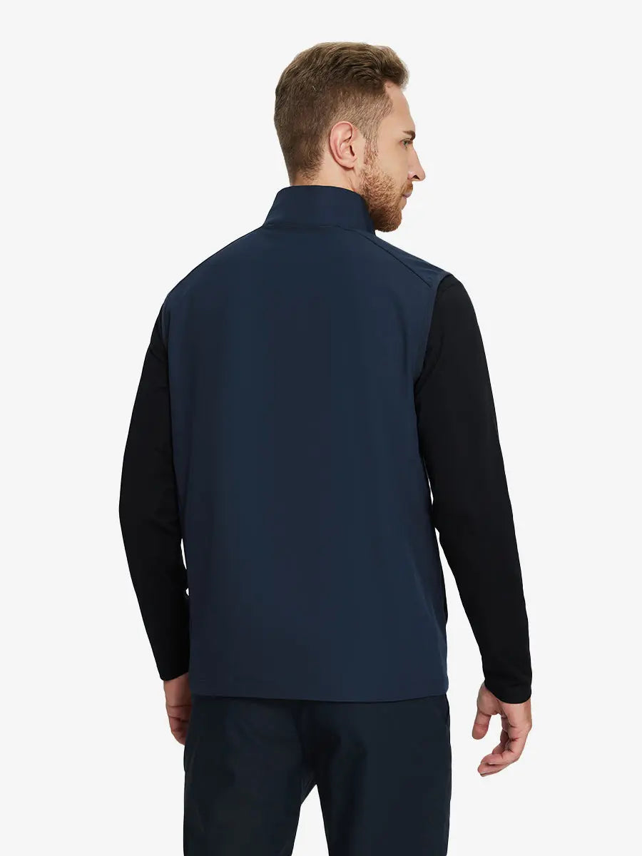 Back view of the navy windproof golf vest, highlighting its clean design and practical features.