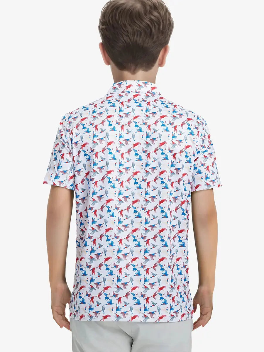 Back half-body view of boy wearing COLORFUL WILD GOOSE Performance Print Boys Golf Polo outdoors