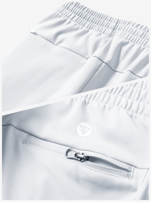 Close-up of the zipper detail of misty grey fleece stretch water resistant boys joggers.