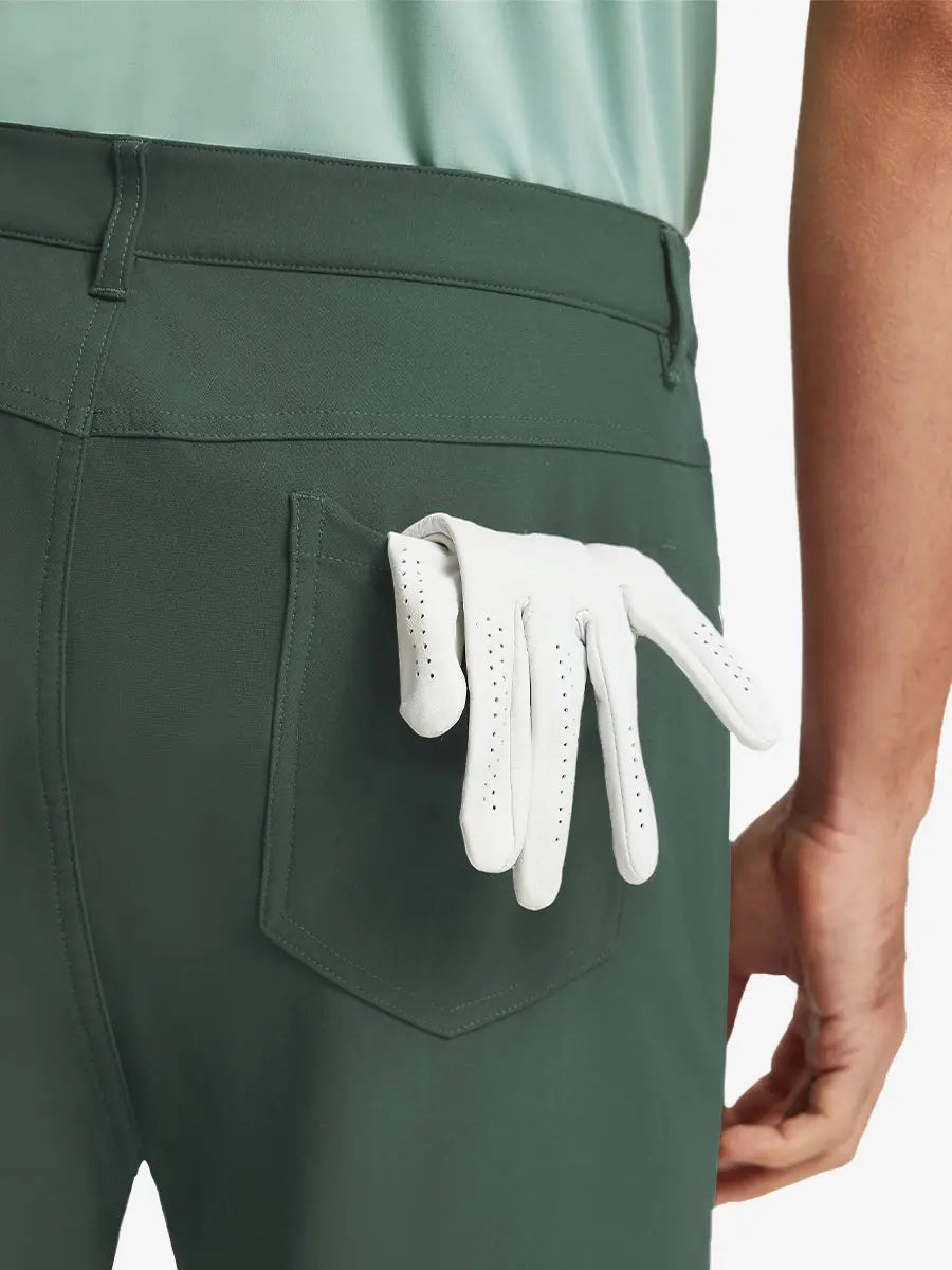 OLIVE GREEN 4-way Stretch Performance Solid Shorts, back pocket holding golf glove, 7 Inch design