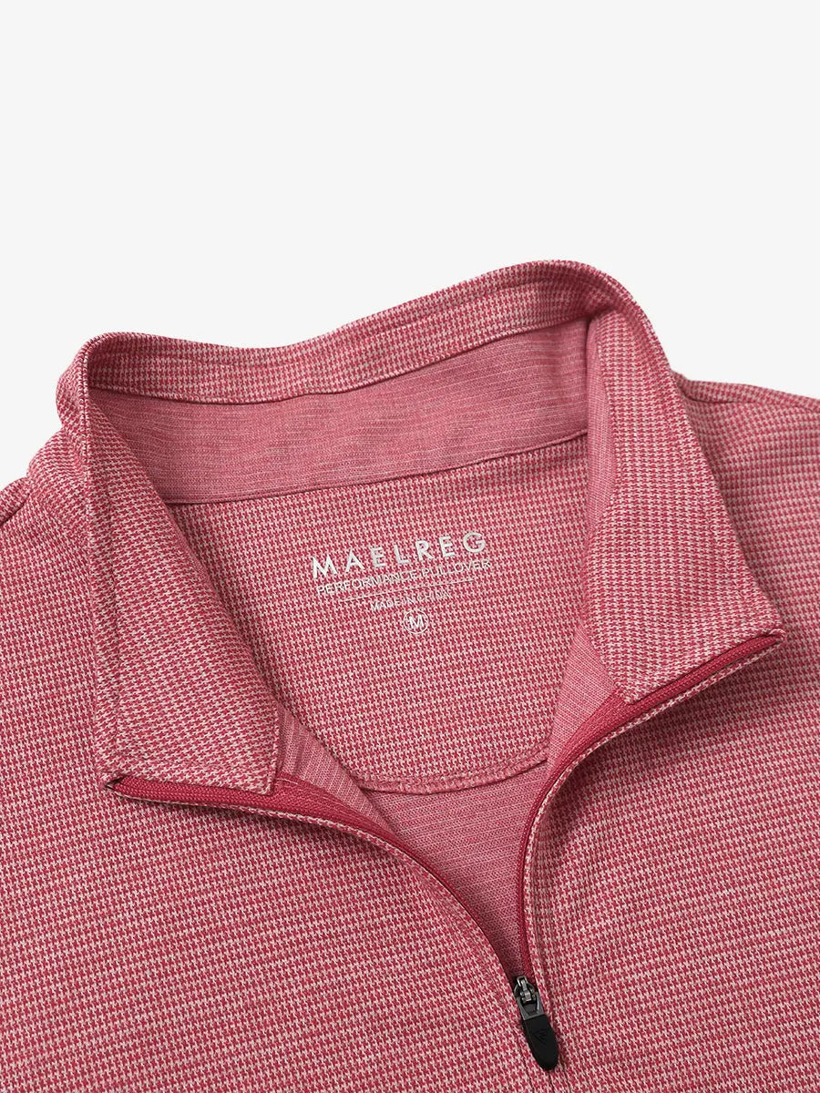 Close-up of collar and interior logo detail on RED HOUNDSTOOTH Premium Jacquard Quarter Zip Pullover.								
