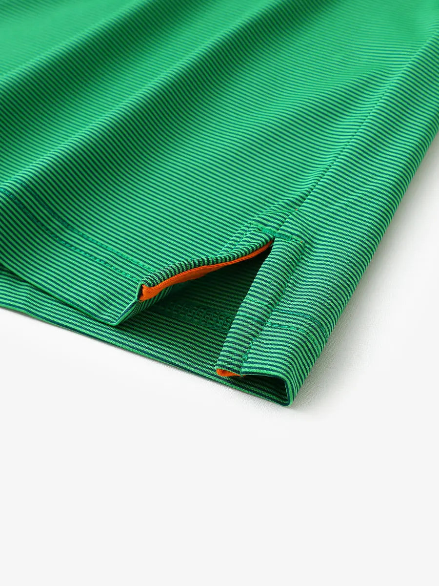 Hem slit detail of GREEN STRIPE Pinstripe Jersey Performance Polo								
